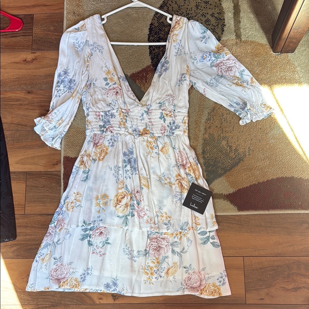 Lulu's White Cream Ruched Ruffled Sundress